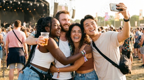 Group of diverse young friends smiling and taking a selfie together at an outdoor music festival with stage and crowd in background during daytime.