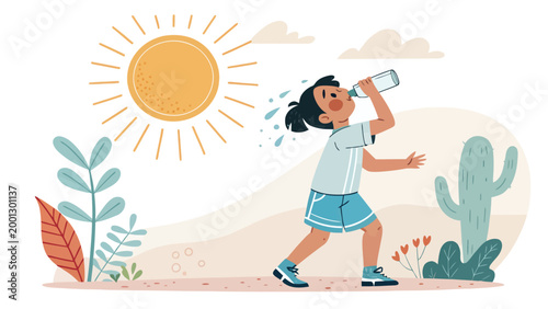 Cartoon child drinking water on a hot sunny day in the desert