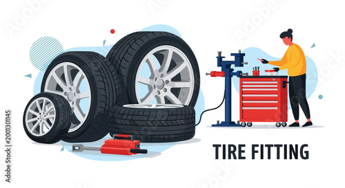 Professional tire fitting service illustration shows large tires next to a mechanic working with specialized equipment and tools.