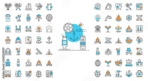 Set of nautical and maritime travel themed icons with colorful line art design.