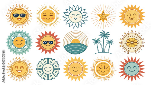 Collection of various cartoon sun icons with smiling faces and sunglasses