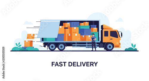 Large delivery truck filled with colorful boxes speeds along the road while a worker checks the inventory list for efficiency.
