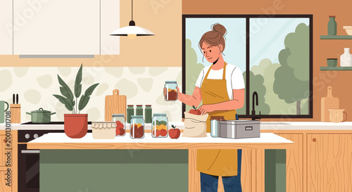 Woman Preparing Homemade Preserves in Eco Friendly Kitchen with Glass Jars
