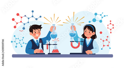 Two curious children in school uniforms conduct experiments with colorful liquids in glass flasks within a science laboratory.