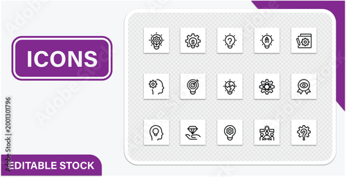 Set of 15 business innovation and creativity line icons symbols for brainstorming, problem solving, strategy, and new ideas including lightbulbs, gears, and human heads