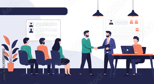 Professional business office scene shows two men shaking hands while other candidates wait for their job interview in a flat style.
