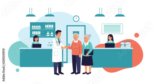 Friendly doctor in a white coat shakes hands with a senior couple in a modern medical clinic to discuss their health and care.