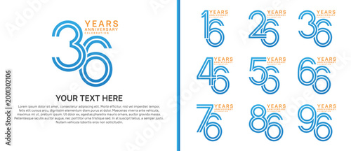 anniversary logo set multiple line style. blue and orange color on white background for celebration moment