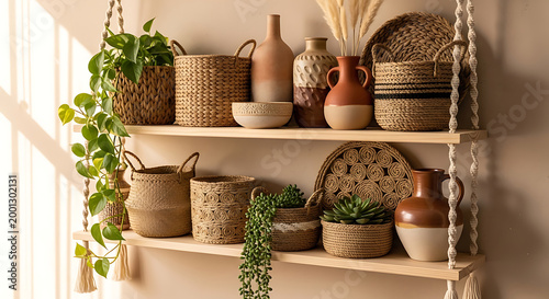 Boho Style Hanging Shelves Filled with Decorative Items and Plants.