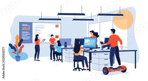Busy modern office interior features people working at desks with laptops while a man moves around on a red hoverboard.