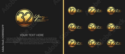 anniversary logo set with circle. gold color on black background for celebration moment
