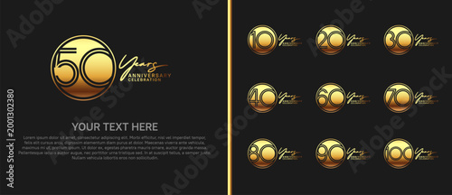 anniversary logo set with circle. gold color on black background for celebration moment