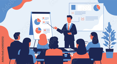 Corporate presenter using a pointer to explain business statistics and growth charts on a flipchart to a seated audience.