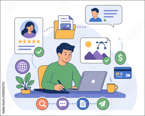 MobFreelance Digital Services Marketplace and Remote Work Management, Flat Vector Illustrationile