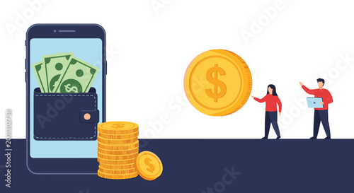 Digital wallet concept showing paper money inside a smartphone screen next to large gold coins and tiny people using laptops.