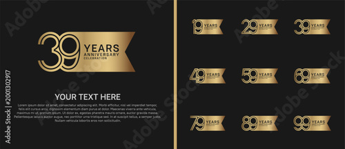 anniversary logo set with ribbon shape. gold color on black background for celebration moment