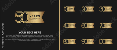 anniversary logo set with ribbon shape. gold color on black background for celebration moment