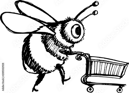 Funny cartoon bee pushing a shopping cart, hand-drawn sketch illustration