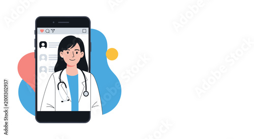 Online medical consultation featuring a female doctor on a smartphone screen with abstract blue and orange shapes behind it.