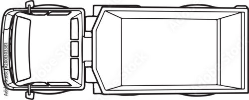 Top-down view of a pickup truck with flatbed trailer, vehicle illustration, line art, black and white