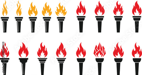 Collection of torch flame icons in different styles, fire symbol set, vector illustration for sports, ceremony, logo and design use