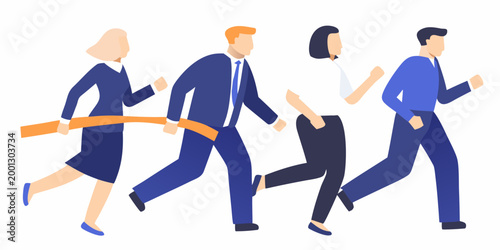 team of four professionals running together in business attire