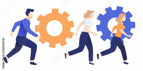 team of professionals running with gears high quality