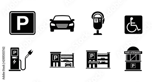 Collection of parking related icons and symbols.