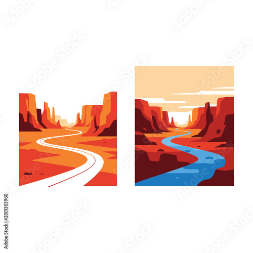Desert landscapes with winding road and river through canyon, sunset desert scenery