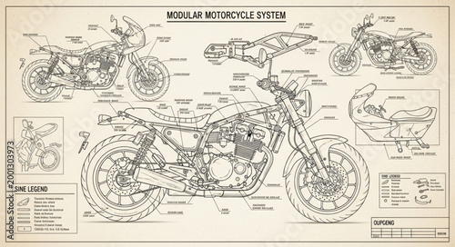 Detailed Motorcycle Engine Schematic Diagram Blueprint.
