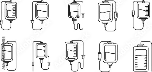 IV Drip Bag Medical Infusion Icon Set with Intravenous Therapy Equipment in Outline Style Vector Collection for Hospital Healthcare and Clinical Applications