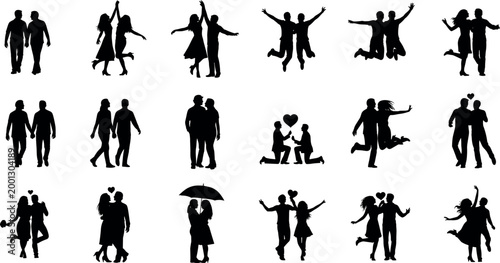 Set of diverse romantic couples silhouettes in various poses including walking jumping dancing proposing and hugging for Valentine Day celebration designs