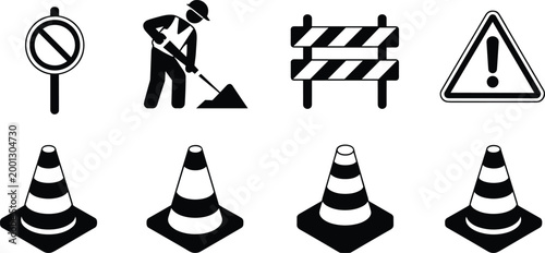 Set of road construction icons featuring worker digging traffic cones barrier and caution signs for safety and industrial projects vector