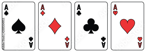 Four aces playing cards collection, heart symbol for casino game design, luxury gambling concept, high detail vector illustration