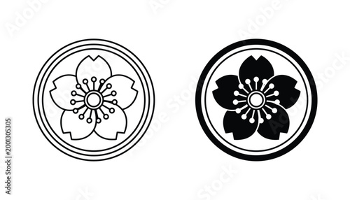 Japanese cherry blossom flower emblem in circular frame vector illustration with line art and solid black silhouette versions for cultural design elements isolated on white background