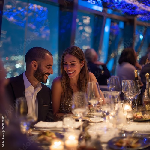 Couple enjoys a romantic dinner in a high-rise restaurant overlooking the city lights at night.