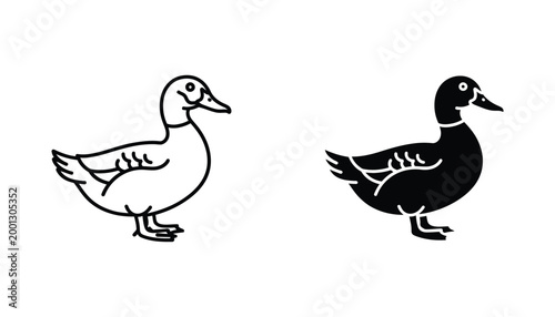 Stylized duck illustration outline and silhouette on a white background