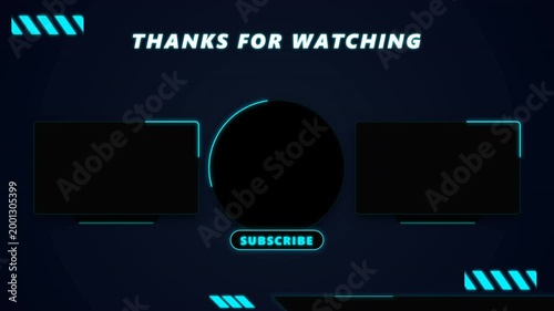 Animated futuristic neon social media video channel outro template with subscribe button and blank placeholders