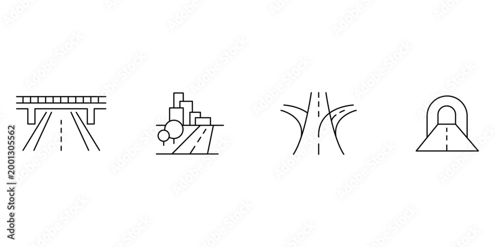 Fototapeta premium Traffic icon set featuring mountain tunnel road toll gate plaza with boom barrier street light pole and traffic surveillance camera vector illustration.