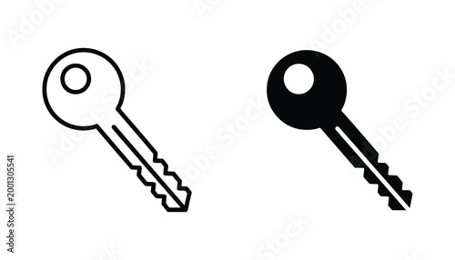 Modern key silhouette and line art isolated on white background vector icons for security and access