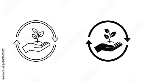 Hand cradling young plant within circular recycling arrows symbolizing environmental stewardship and sustainable practices