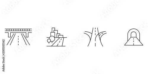 Traffic icon set featuring mountain tunnel road toll gate plaza with boom barrier street light pole and traffic surveillance camera vector illustration.