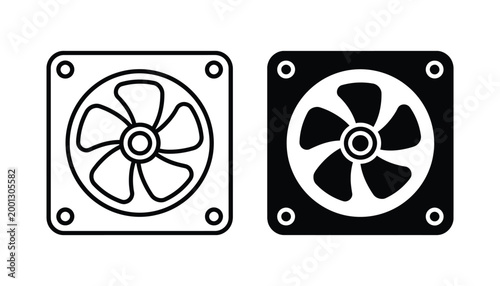 Square computer fan with visible blades and mounting screws for cooling hardware