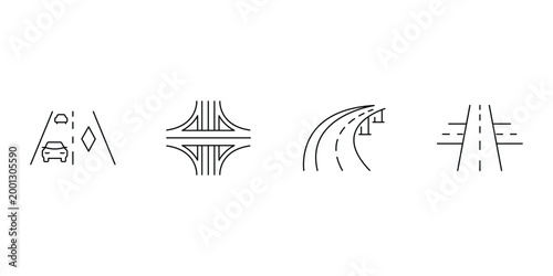 Traffic icon set featuring highway road with cars cloverleaf interchange bridge overpass and straight asphalt lane vector illustration for transportation.