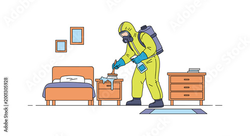 A technician wearing a protective yellow hazmat suit and mask uses a cleaning brush on a wooden bedside table within a furnished residential bedroom setting.