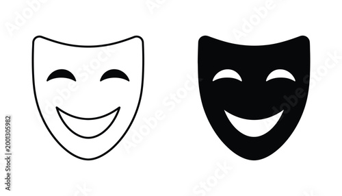 Happy theater mask icon set in outline and silhouette style for drama arts performance and entertainment industry