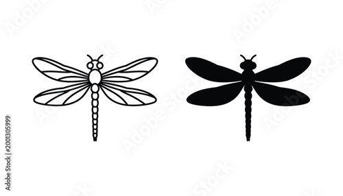 Dragonfly insect icon set featuring detailed wing patterns in line art and solid black silhouette for nature education and environmental science graphic design projects