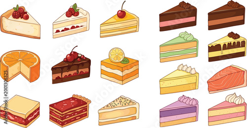 Collection of delicious cake slices and dessert pieces with various flavors including chocolate fruit and cream detailed bakery vector illustration set isolated