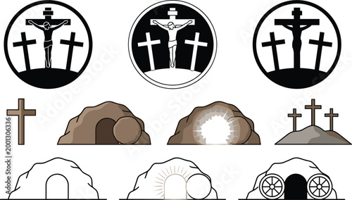 Vector illustrations of Christian crucifixion and resurrection symbols including crosses, tombs, and faith-based religious designs