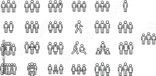 People Group Icon Set with Team Crowd Family and Social Interaction Outline Vector Collection for Community Communication and Human Activity Design